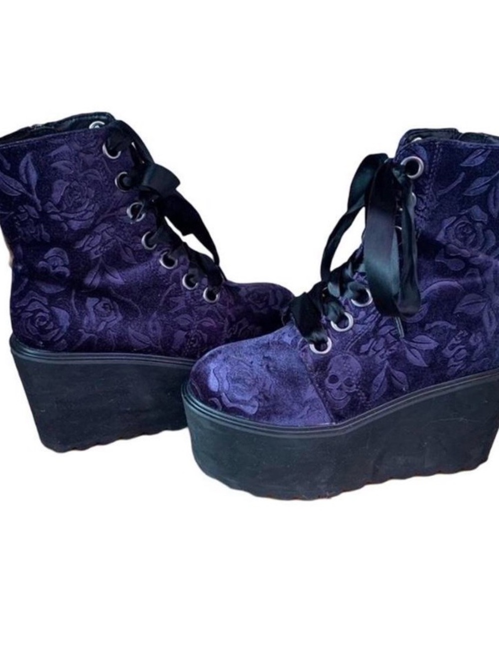 Killstar discontinued Purple Floral & skull Velvet Platform Ankle Boots
